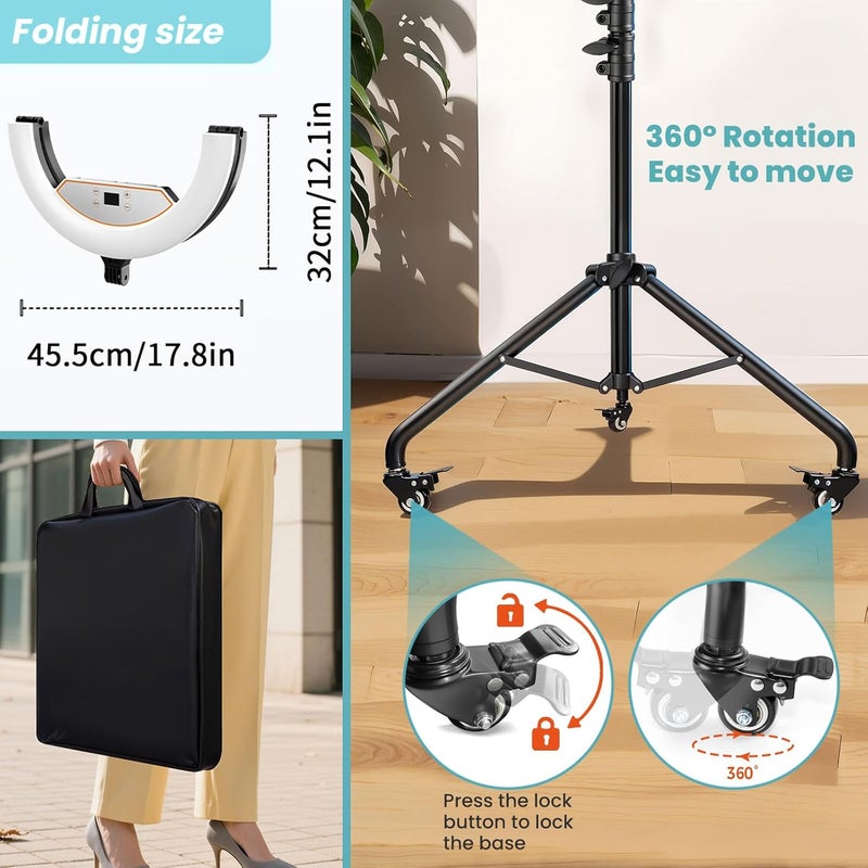 MACTREM 22" Foldable Ring Light with Stand for iPhone ipad, 75" Tripod with Wheels 50W 6500K LED Display/2 USB Ports Large Ringlight Rolling, Tattoo Barber Makeup Studio Video Photography Lighting - Image 5